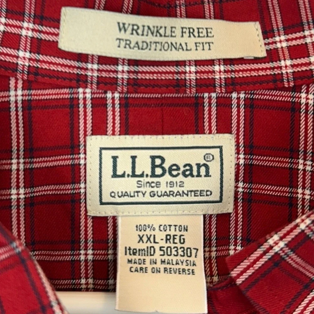 L.L. Bean Shirt Mens 2XL Traditional Fit Red Plaid Button-Down Long Sleeve EUC